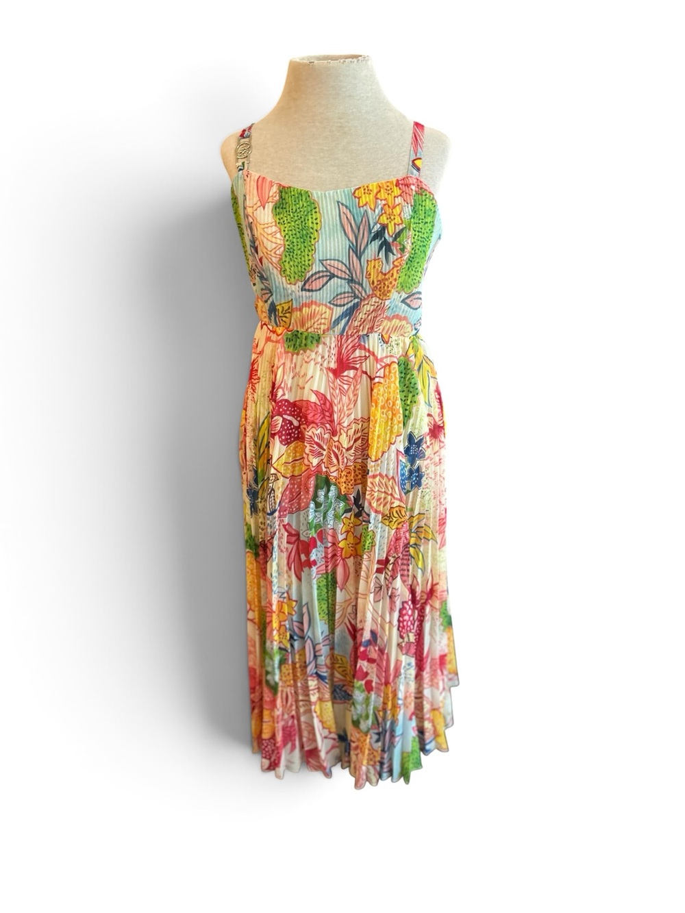 Ritu Kumar NWT Multi-Color Floral Midi Dress with Green and Yellow Accents S